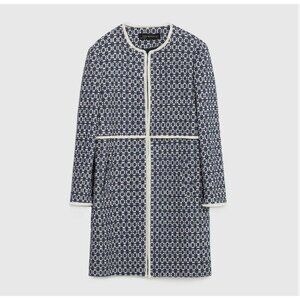Zara Frayed printed tweed boucle coat blue ecru size Medium Long jacket blazer